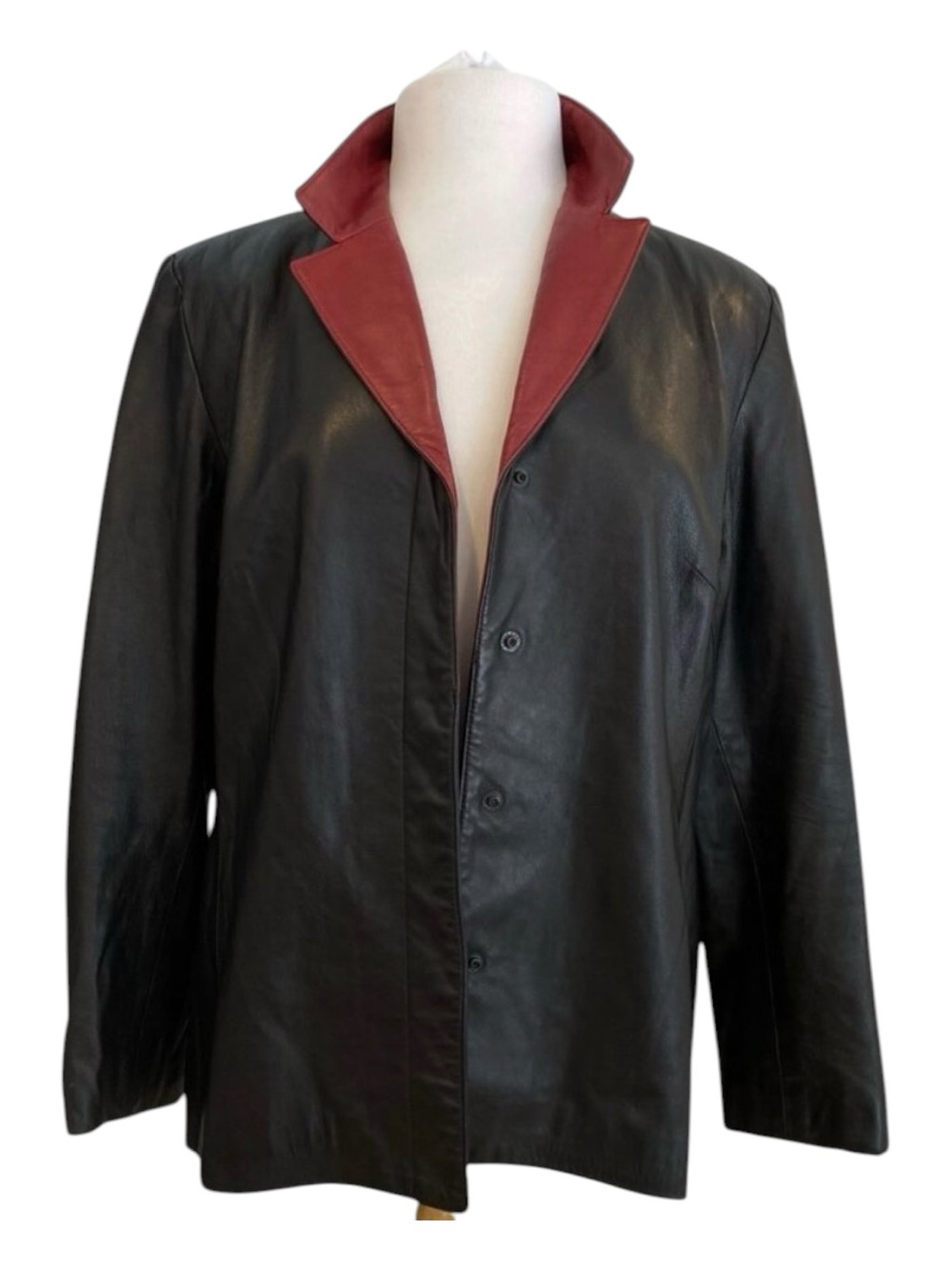 Black soft Leather Jacket With Red Contrast Collar Button Front Women Size Large